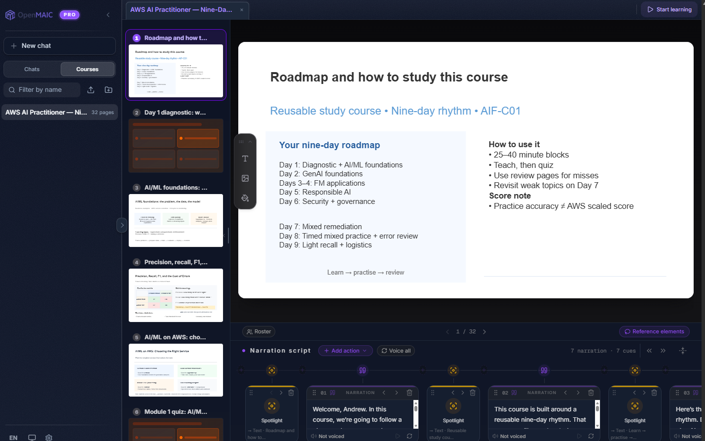 OpenMAIC displaying my AWS AI Practitioner study course and its nine-day revision roadmap
